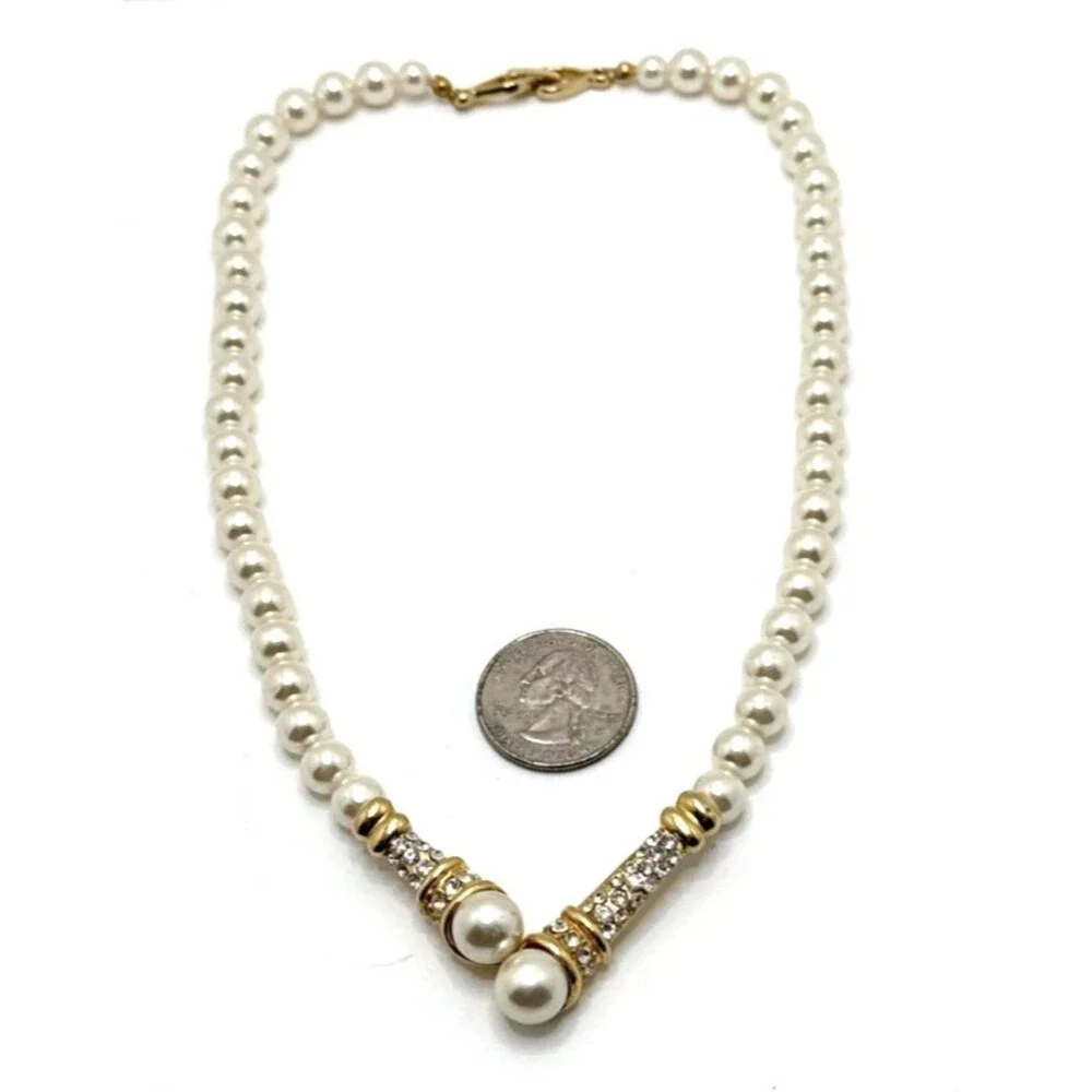 Faux Pearl Rhinestone Choker Necklace Gold Tone Statement 18